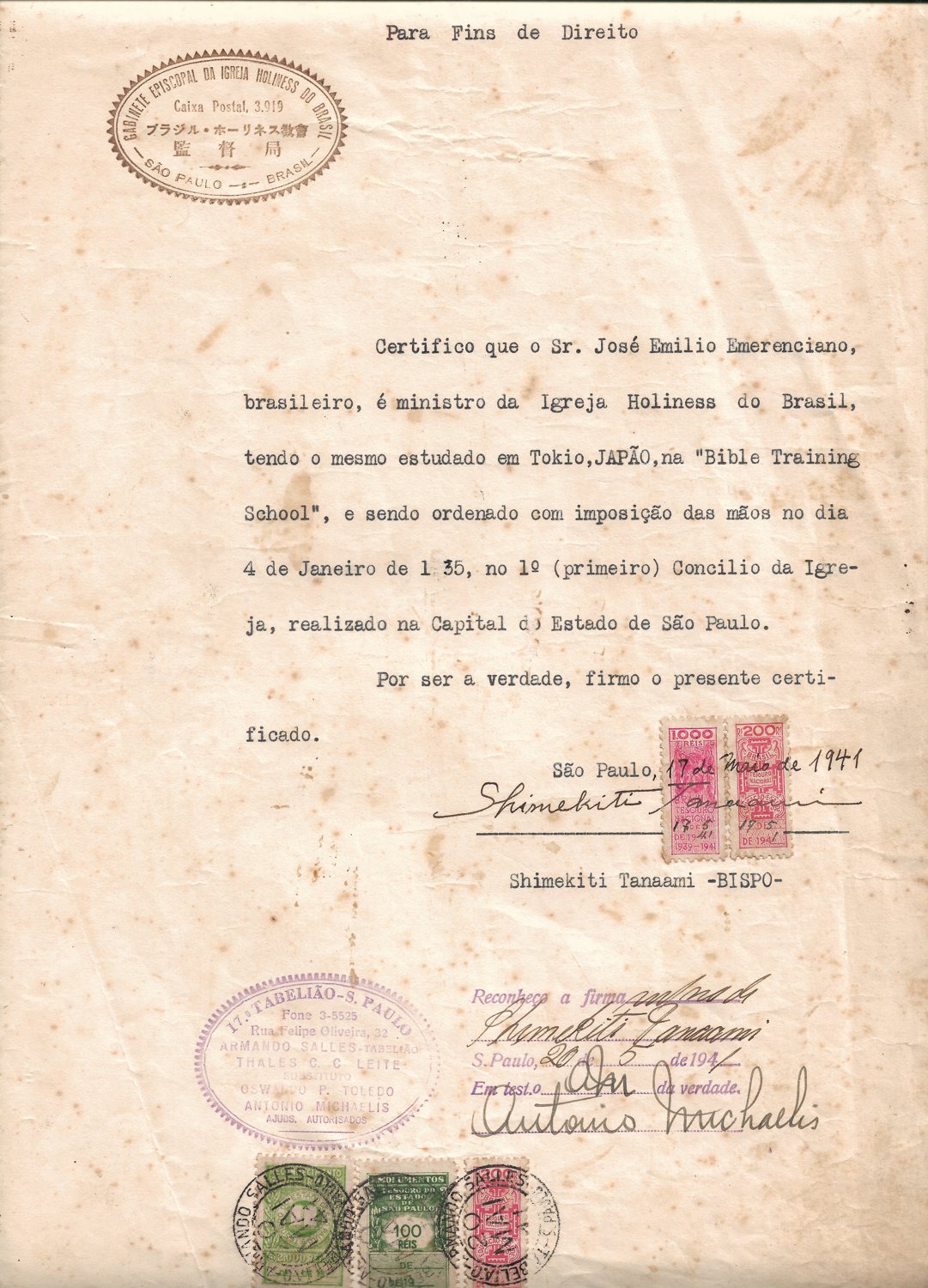 Carta de apresentação do Bispo Tanaami